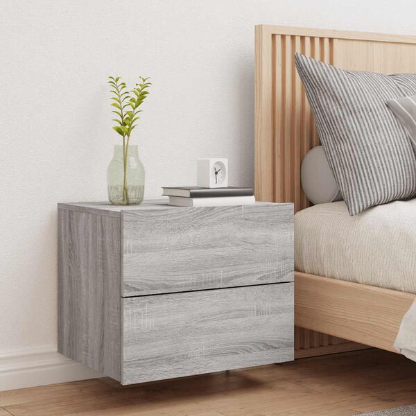 vidaXL Wall-mounted Bedside Cabinet with LED Lights Grey Sonoma