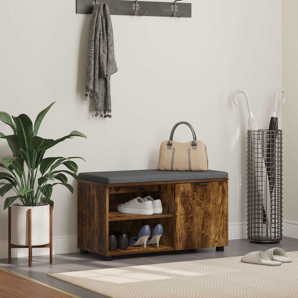 vidaXL Hall Bench with Cushion with Shelf Smoked Oak 80 x 38 x 46 cm