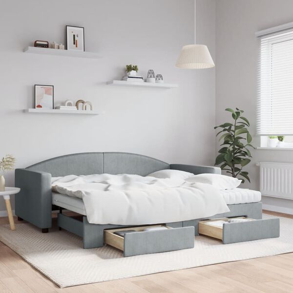 vidaXL Daybed with Trundle and Drawers Light Grey 90x190 cm Fabric