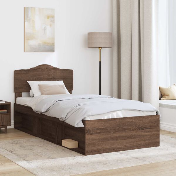 vidaXL Bed Frame with Headboard Brown Oak 100 x 200 cm Solid Pine Wood