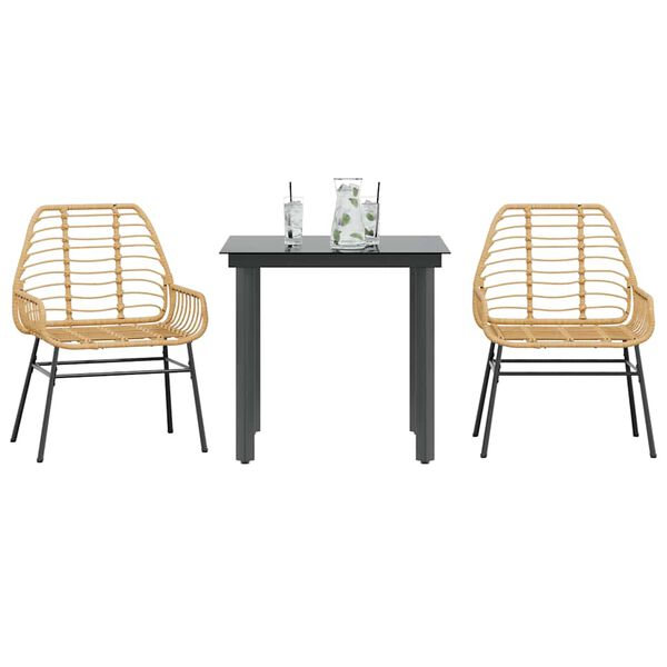 vidaXL 3 Piece Garden Dining Set Brown Poly Rattan Glass
