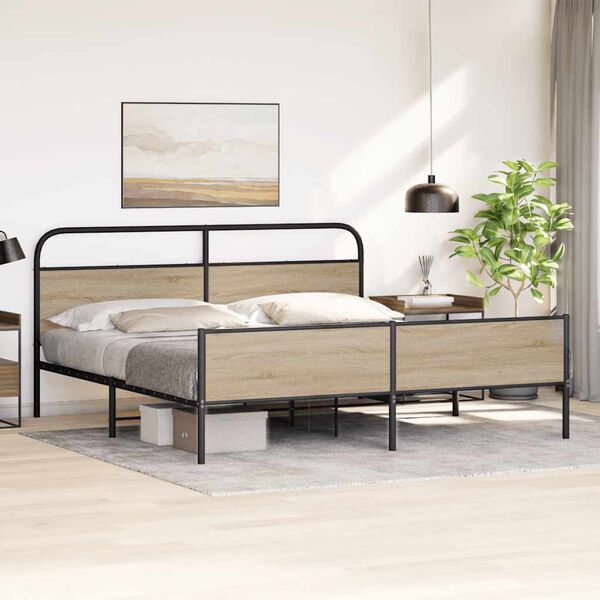 vidaXL Metal Bed Frame without Mattress Smoked Oak 193x203 cm