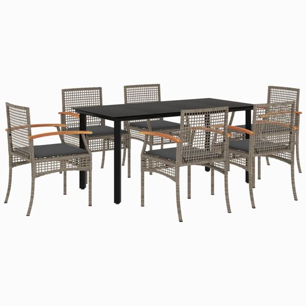 vidaXL 7 Piece Garden Dining Set with Cushions Grey Poly Rattan