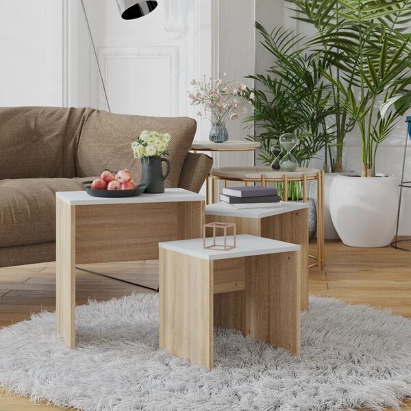 vidaXL Nesting Coffee Tables 3 pcs White and Sonoma Oak Engineered Wood