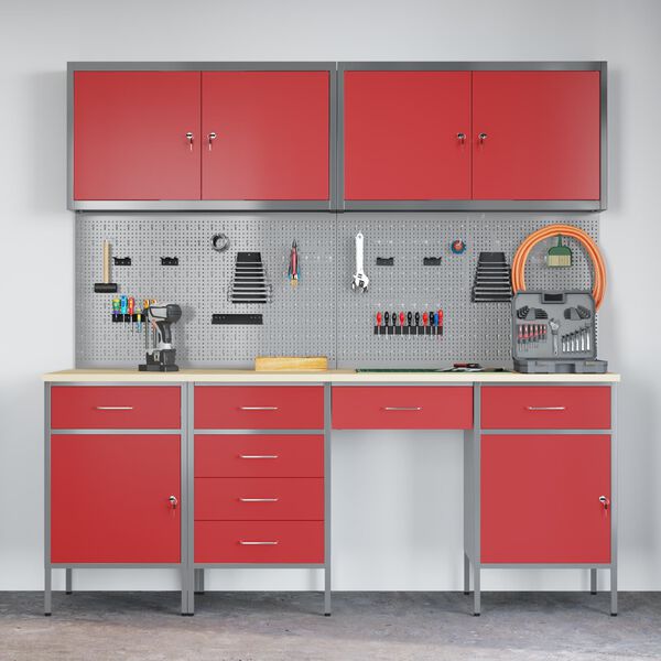 vidaXL Work Cabinet with Drawer 10 pcs Red Engineered Wood and Steel