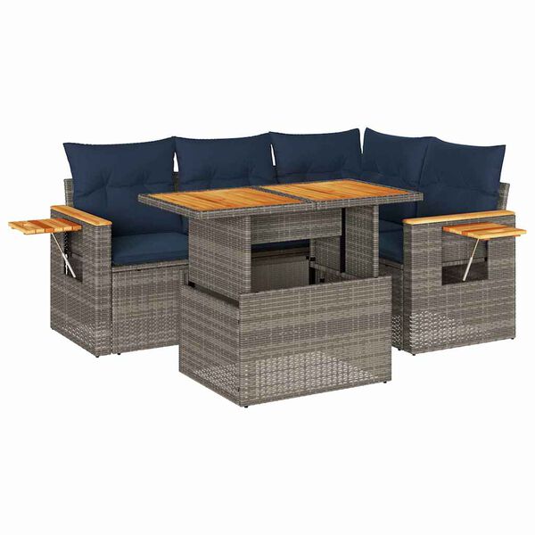 vidaXL 5 Piece Garden Sofa Set with Cushions Grey Poly Rattan Acacia