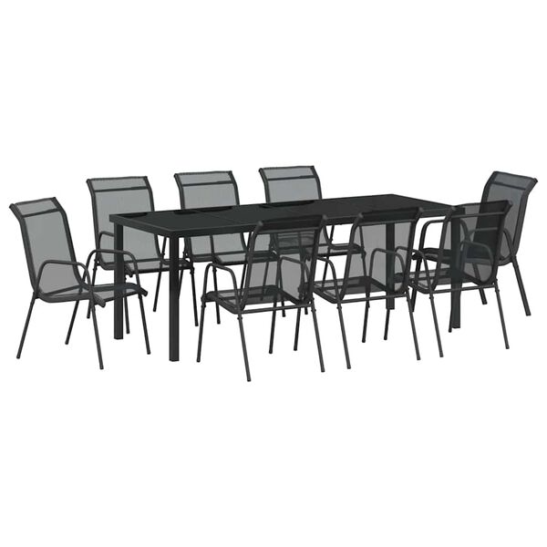 vidaXL Garden Dining Set 9 pcs Black Powder-Coated Steel