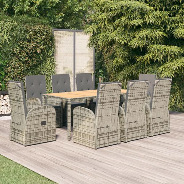 vidaXL 9 Piece Garden Dining Set Grey Poly Rattan&Solid Wood Acacia