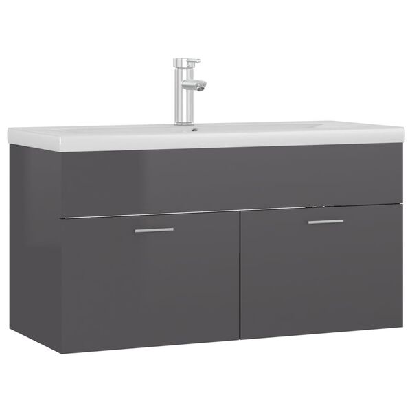 vidaXL Sink Cabinet with Built-in Basin High Gloss Grey Engineered Wood