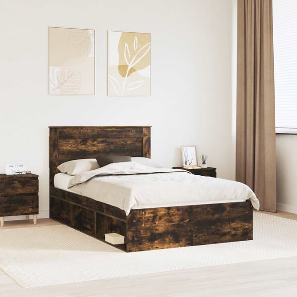 vidaXL Bed Frame with Drawer Smoked Oak 135 x 190 cm Solid Pine Wood
