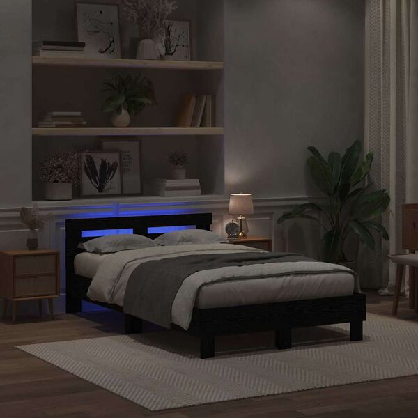 vidaXL Bed Frame with LED Black Oak 135 x 190 cm Engineered Wood