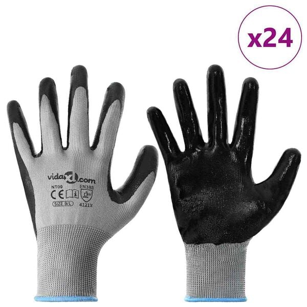 vidaXL Work Gloves 24 pcs Grey and Black 9 / L Polyester