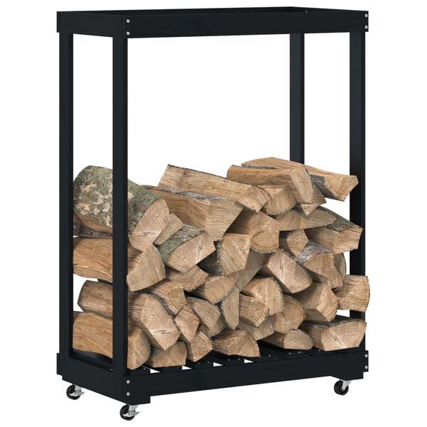 vidaXL Log Holder with Wheels Black 76.5x40x108 cm Solid Wood Pine