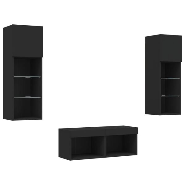vidaXL 4 Piece TV Wall Cabinets with LED Lights Black