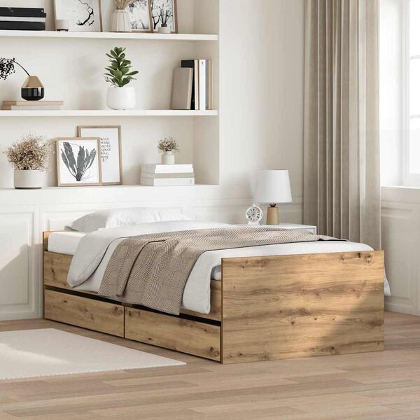 vidaXL Bed Frame with Drawer Artisan Oak 90 x 200 cm Solid Pine Wood
