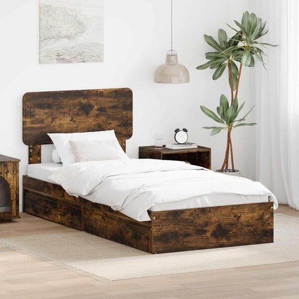 vidaXL Storage Bed with Drawer Smoked Oak 90 x 190 cm Engineered Wood