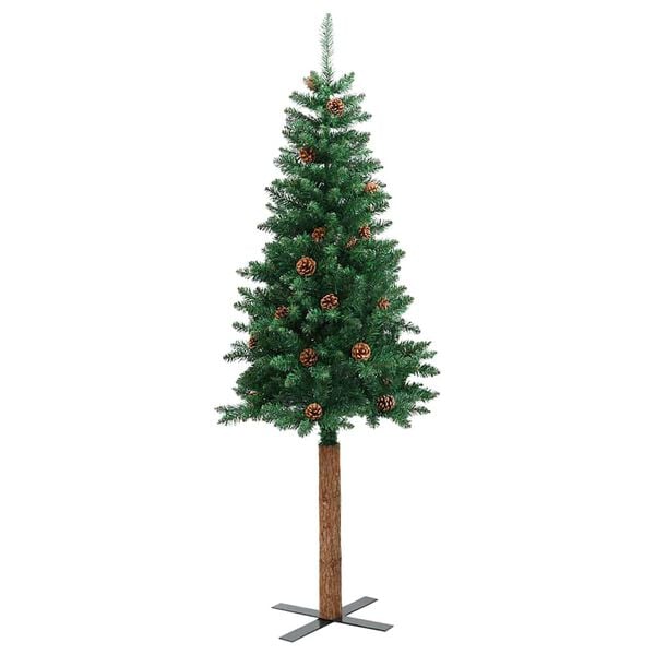 vidaXL Slim Christmas Tree with Real Wood and Cones Green 180 cm PVC