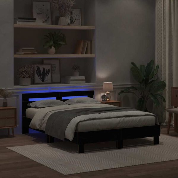 vidaXL Bed Frame with LED Black Oak 140 x 200 cm Engineered Wood