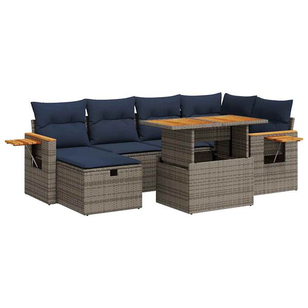 vidaXL 7 Piece Garden Sofa Set with Cushions Grey Poly Rattan Acacia