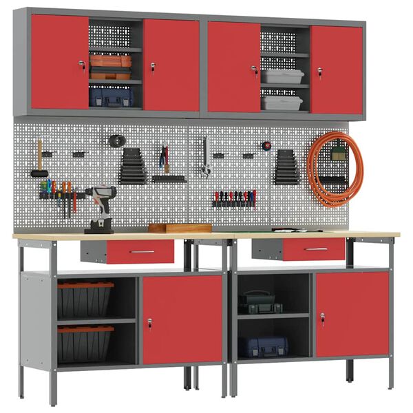 vidaXL Work Bench Set with Drawer 8 pcs Red 200 x 55 x 200 cm Steel