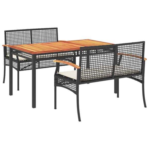 vidaXL 3 Piece Garden Dining Set with Cushions Black Poly Rattan