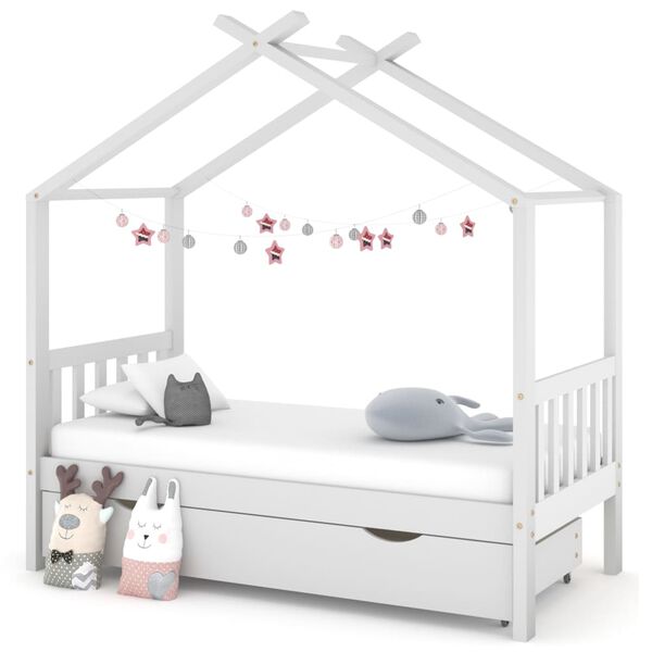 vidaXL Kids Bed Frame with a Drawer White Solid Pine Wood 80x160 cm