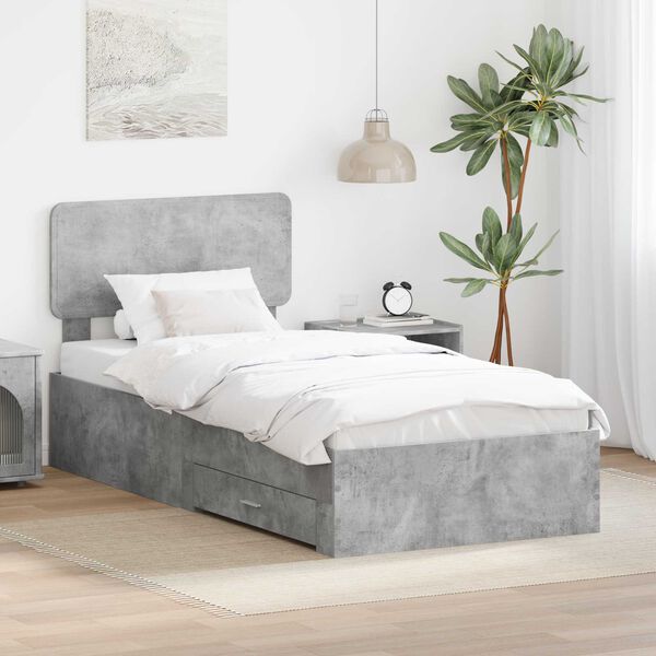 vidaXL Bed Frame with Drawer Concrete Grey 70 x 190 cm Engineered Wood