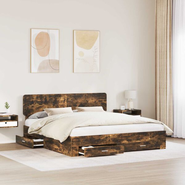 vidaXL Bed Frame with Drawer Smoked Oak 200 x 200 cm Engineered Wood