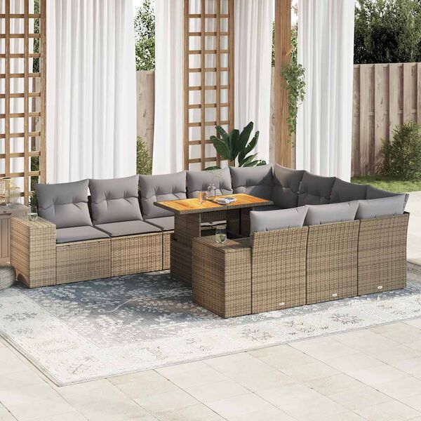 vidaXL 10 Piece Garden Sofa Set with Cushions Beige Poly Rattan Acacia