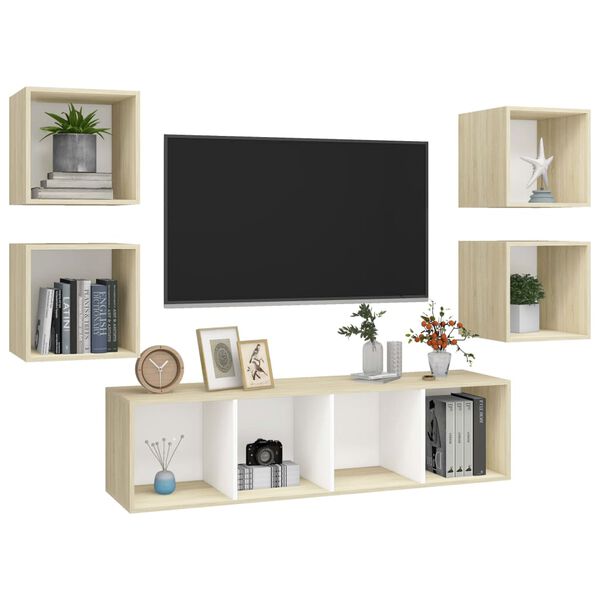 vidaXL 5 Piece TV Cabinet Set White and Sonoma Oak Engineered Wood