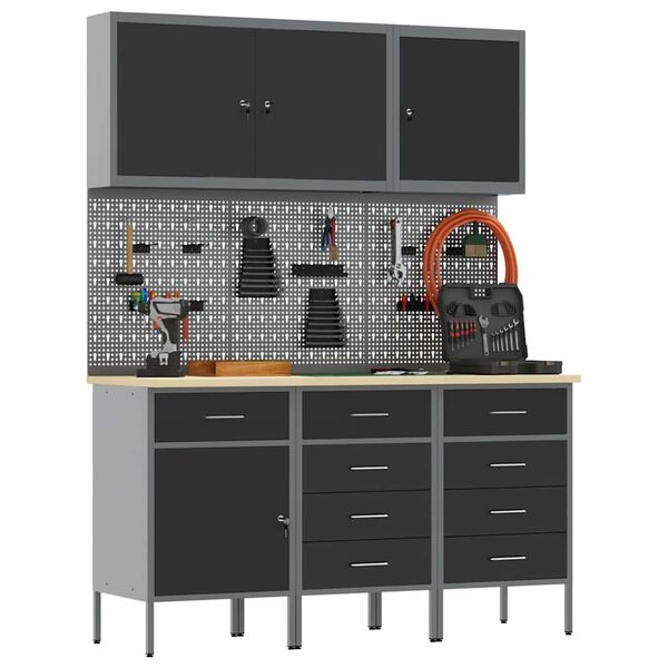 vidaXL Work Bench with Drawer 8 pcs Black 150 x 55 x 200 cm Steel