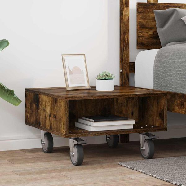 vidaXL Side Table with Wheels Smoked Oak 50.5 x 50 x 30 cm