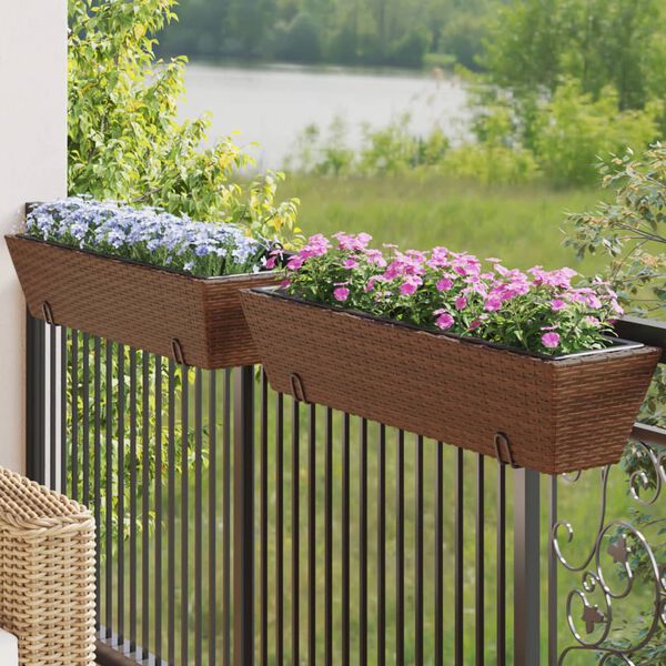 vidaXL Planters with hooks 2 pcs Brown Poly Rattan