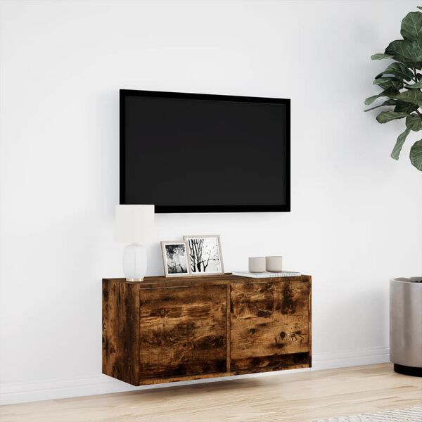 vidaXL TV Wall Cabinet with LED Lights Smoked Oak 80x31x35 cm