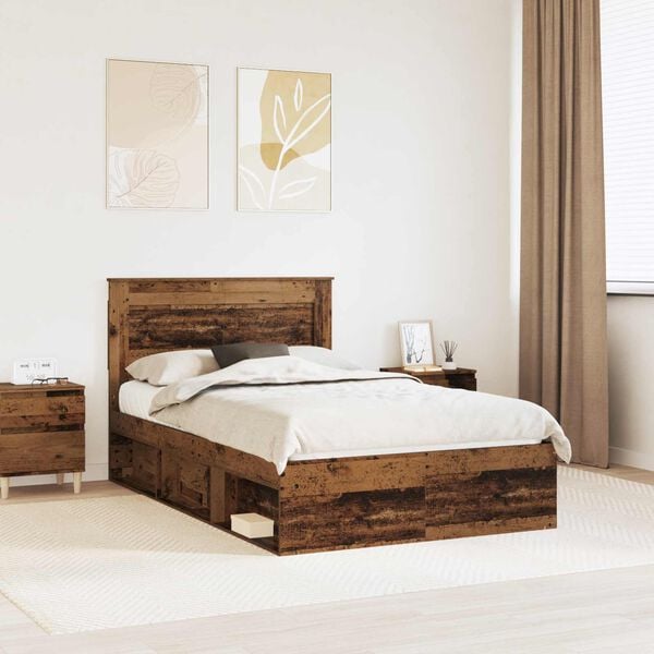 vidaXL Bed Frame with Headboard Old Wood 135 x 190 cm Solid Pine Wood