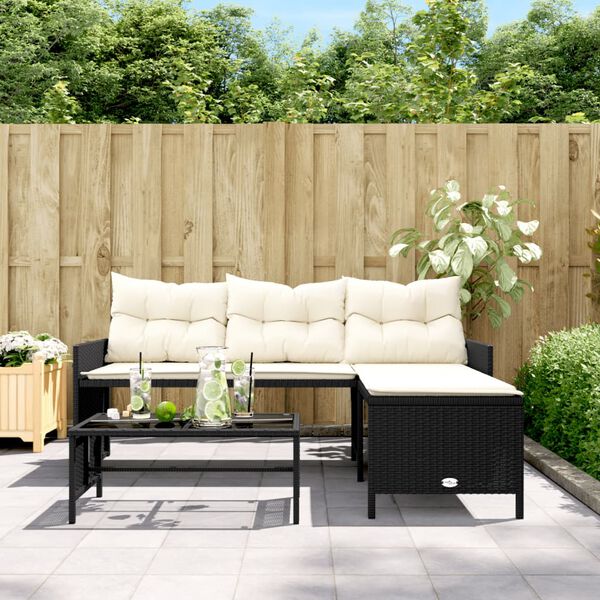 vidaXL Garden Sofa with Table and Cushions L-Shaped Black Poly Rattan