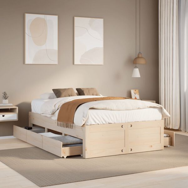 vidaXL Bed Frame without Mattress with Drawers 135x190 cm Double Solid Wood Pine