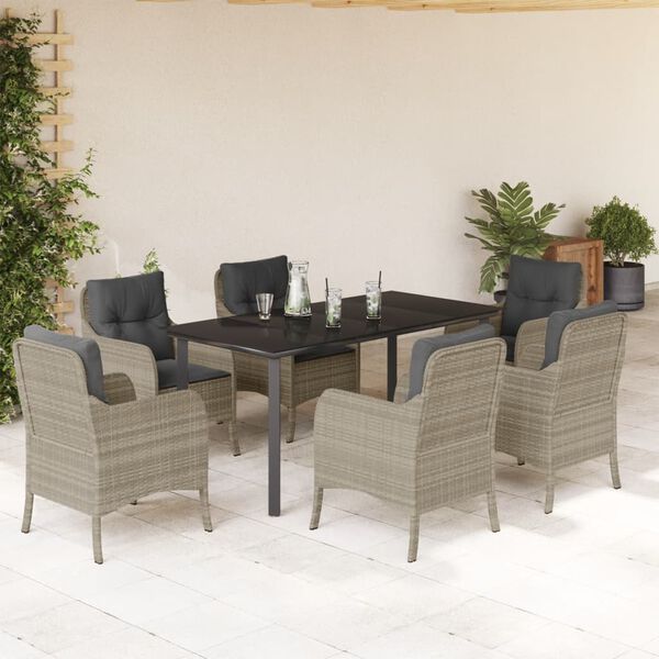vidaXL 7 Piece Garden Dining Set with Cushions Light Grey Poly Rattan
