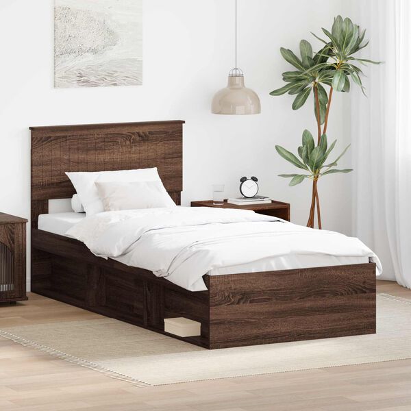vidaXL Bed Frame with Headboard Brown Oak 90 x 190 cm Solid Pine Wood