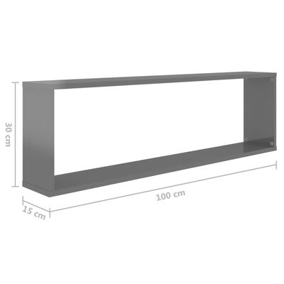 vidaXL Wall Cube Shelf 4 pcs High Gloss Grey 100x15x30 cm Engineered Wood