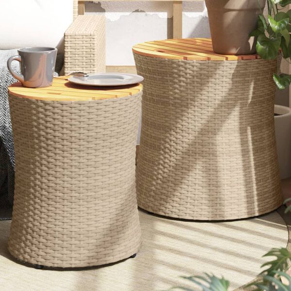 vidaXL Garden Side Tables 2 pcs with Wooden Top Beige Poly Rattan