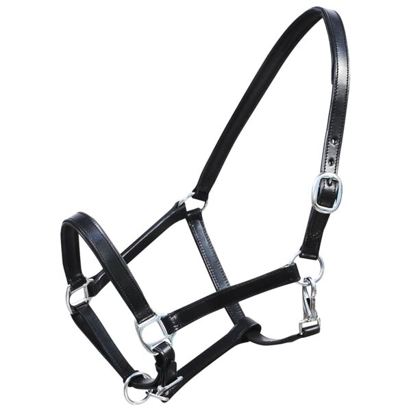 vidaXL Real Leather Headcollar Stable Halter Adjustable Black Pony