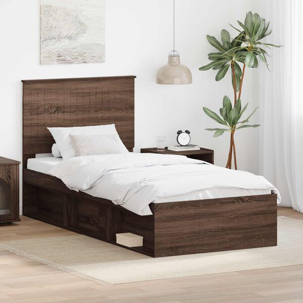 vidaXL Bed Frame with Headboard Brown Oak 90 x 190 cm Solid Pine Wood