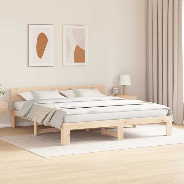 vidaXL Bed Frame with Headboard Natural 200 x 200 cm Solid Pine Wood