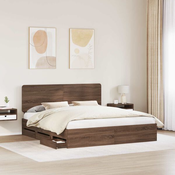 vidaXL Bed Frame with Drawer Brown Oak 200 x 200 cm Engineer Wood