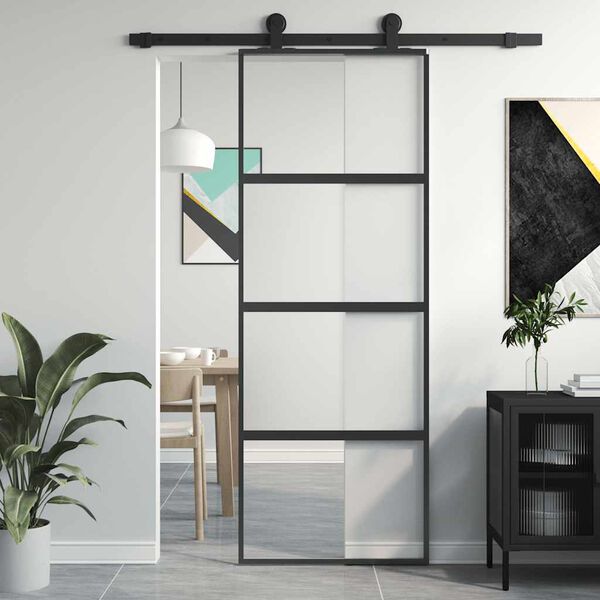 vidaXL Sliding Door Black 76x205 cm Tempered Glass and Aluminium