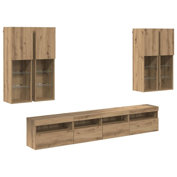vidaXL TV Wall Cabinet Set with LED Lights 7 pcs Artisan oak