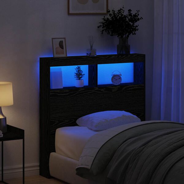 vidaXL Headboard Cabinet with LED Black Oak 100x17x102 cm