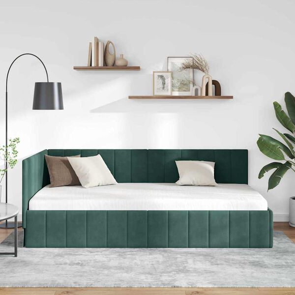 vidaXL Corner Bed Frame Dark Green 90 cm x 200 cm Velvet