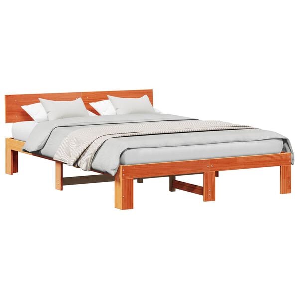vidaXL Bed Frame with Headboard Wax Brown 160 x 200 cm Solid Pine Wood